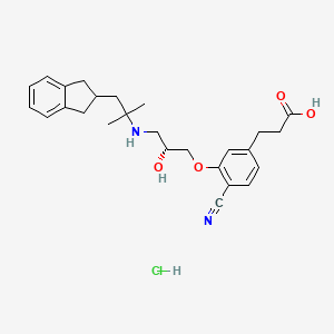 molecular formula C26H33ClN2O4 B610715 Benzenepropanoic acid, 4-cyano-3-((2R)-3-((2-(2,3-dihydro-1H-inden-2-yl)-1,1-dimethylethyl)amino)-2-hydroxypropoxy)-, hydrochloride (1:1) CAS No. 351490-72-7