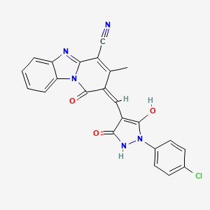 molecular formula C23H14ClN5O3 B6107552 2-{[1-(4-chlorophenyl)-3,5-dioxo-4-pyrazolidinylidene]methyl}-1-hydroxy-3-methylpyrido[1,2-a]benzimidazole-4-carbonitrile 