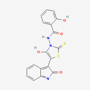 2-hydroxy-N-[4-oxo-5-(2-oxo-1,2-dihydro-3H-indol-3-ylidene)-2-thioxo-1,3-thiazolidin-3-yl]benzamide