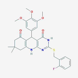 molecular formula C29H30FN3O5S B6110275 2-[(2-fluorobenzyl)thio]-8,8-dimethyl-5-(3,4,5-trimethoxyphenyl)-5,8,9,10-tetrahydropyrimido[4,5-b]quinoline-4,6(3H,7H)-dione 