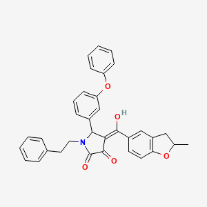 molecular formula C34H29NO5 B611031 (4E)-4-[hydroxy(2-methyl-2,3-dihydro-1-benzofuran-5-yl)methylidene]-5-(3-phenoxyphenyl)-1-(2-phenylethyl)pyrrolidine-2,3-dione CAS No. 844651-66-7