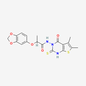 2-(1,3-benzodioxol-5-yloxy)-N-(5,6-dimethyl-4-oxo-2-sulfanylthieno[2,3-d]pyrimidin-3(4H)-yl)propanamide