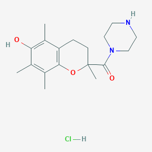 molecular formula C18H27ClN2O3 B611052 2,5,7,8-tetramethyl-2-(piperazine-1-carbonyl)-3,4-dihydro-2H-1-benzopyran-6-ol hydrochloride CAS No. 1541170-25-5