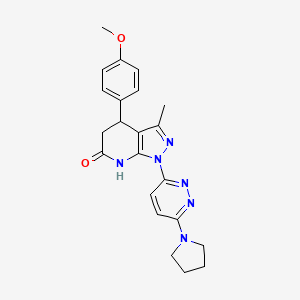 molecular formula C22H24N6O2 B6111025 4-(4-methoxyphenyl)-3-methyl-1-[6-(1-pyrrolidinyl)-3-pyridazinyl]-1,4,5,7-tetrahydro-6H-pyrazolo[3,4-b]pyridin-6-one 