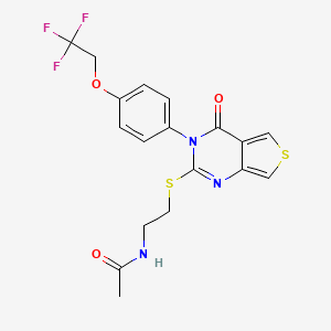molecular formula C18H16F3N3O3S2 B611104 N-(2-((4-Oxo-3-(4-(2,2,2-trifluoroethoxy)phenyl)-3,4-dihydrothieno[3,4-d]pyrimidin-2-yl)thio)ethyl)acetamide CAS No. 1356354-09-0