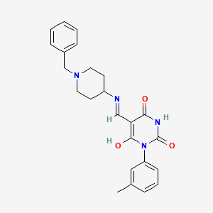 molecular formula C24H26N4O3 B6111155 5-{[(1-benzyl-4-piperidinyl)amino]methylene}-1-(3-methylphenyl)-2,4,6(1H,3H,5H)-pyrimidinetrione 