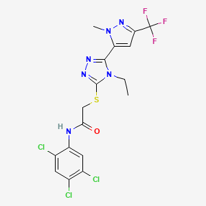 molecular formula C17H14Cl3F3N6OS B6111385 2-({4-ethyl-5-[1-methyl-3-(trifluoromethyl)-1H-pyrazol-5-yl]-4H-1,2,4-triazol-3-yl}thio)-N-(2,4,5-trichlorophenyl)acetamide 