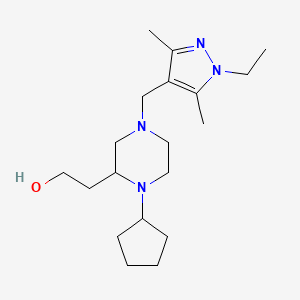 molecular formula C19H34N4O B6111709 2-{1-cyclopentyl-4-[(1-ethyl-3,5-dimethyl-1H-pyrazol-4-yl)methyl]-2-piperazinyl}ethanol 