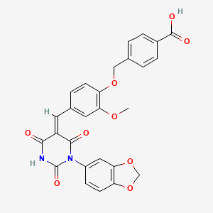 molecular formula C27H20N2O9 B6111757 4-[[4-[(Z)-[1-(1,3-benzodioxol-5-yl)-2,4,6-trioxo-1,3-diazinan-5-ylidene]methyl]-2-methoxyphenoxy]methyl]benzoic acid 