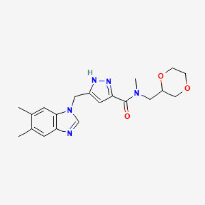 molecular formula C20H25N5O3 B6112085 5-[(5,6-dimethyl-1H-benzimidazol-1-yl)methyl]-N-(1,4-dioxan-2-ylmethyl)-N-methyl-1H-pyrazole-3-carboxamide 