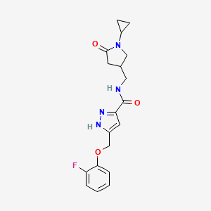 molecular formula C19H21FN4O3 B6113232 N-[(1-cyclopropyl-5-oxo-3-pyrrolidinyl)methyl]-5-[(2-fluorophenoxy)methyl]-1H-pyrazole-3-carboxamide 