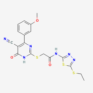 molecular formula C18H16N6O3S3 B6114044 2-{[5-cyano-4-(3-methoxyphenyl)-6-oxo-1,6-dihydro-2-pyrimidinyl]thio}-N-[5-(ethylthio)-1,3,4-thiadiazol-2-yl]acetamide 