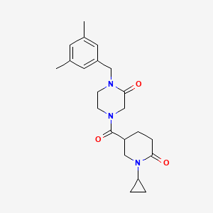 molecular formula C22H29N3O3 B6114558 4-[(1-cyclopropyl-6-oxo-3-piperidinyl)carbonyl]-1-(3,5-dimethylbenzyl)-2-piperazinone 