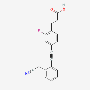 molecular formula C19H14FNO2 B611510 3-(4-((2-(氰基甲基)苯基)乙炔基)-2-氟苯基)丙酸 CAS No. 1402601-82-4