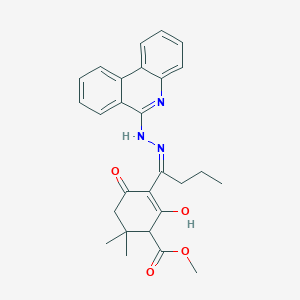 molecular formula C27H29N3O4 B6115265 methyl 2,2-dimethyl-4,6-dioxo-5-{1-[2-(6-phenanthridinyl)hydrazino]butylidene}cyclohexanecarboxylate 