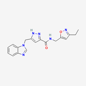 molecular formula C18H18N6O2 B6116264 5-(1H-benzimidazol-1-ylmethyl)-N-[(3-ethyl-5-isoxazolyl)methyl]-1H-pyrazole-3-carboxamide 