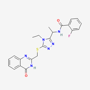 molecular formula C22H21FN6O2S B6116348 N-[1-(4-ethyl-5-{[(4-oxo-3,4-dihydro-2-quinazolinyl)methyl]thio}-4H-1,2,4-triazol-3-yl)ethyl]-2-fluorobenzamide 