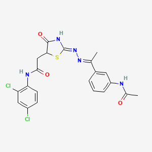 molecular formula C21H19Cl2N5O3S B6117783 2-[2-({1-[3-(acetylamino)phenyl]ethylidene}hydrazono)-4-hydroxy-2,5-dihydro-1,3-thiazol-5-yl]-N-(2,4-dichlorophenyl)acetamide 
