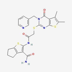 molecular formula C24H23N5O3S3 B6118049 2-[({[5,6-dimethyl-4-oxo-3-(3-pyridinylmethyl)-3,4-dihydrothieno[2,3-d]pyrimidin-2-yl]thio}acetyl)amino]-5,6-dihydro-4H-cyclopenta[b]thiophene-3-carboxamide 