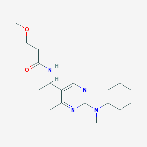 molecular formula C18H30N4O2 B6120116 N-(1-{2-[cyclohexyl(methyl)amino]-4-methyl-5-pyrimidinyl}ethyl)-3-methoxypropanamide 