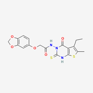 molecular formula C18H17N3O5S2 B6121369 2-(1,3-benzodioxol-5-yloxy)-N-(5-ethyl-2-mercapto-6-methyl-4-oxothieno[2,3-d]pyrimidin-3(4H)-yl)acetamide 