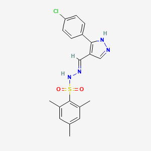 molecular formula C19H19ClN4O2S B6121849 N'-{[3-(4-chlorophenyl)-1H-pyrazol-4-yl]methylene}-2,4,6-trimethylbenzenesulfonohydrazide 