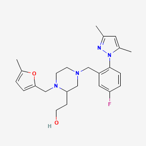 molecular formula C24H31FN4O2 B6121867 2-{4-[2-(3,5-dimethyl-1H-pyrazol-1-yl)-5-fluorobenzyl]-1-[(5-methyl-2-furyl)methyl]-2-piperazinyl}ethanol 
