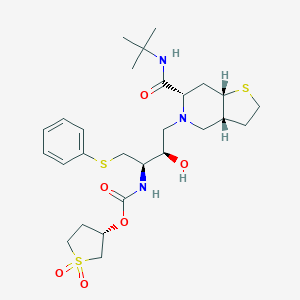 molecular formula C27H41N3O6S3 B061236 5-(3(R)-(((1,1-Dioxotetrahydrothienyl-3(S)-oxy)carbonyl)amino)-4-(phenylthio)-2(R)-hydroxybutyl)-N-(1,1-dimethylethyl)octahydrothieno(3,2-c)pyridine-6(R)-carboxamide CAS No. 169273-51-2