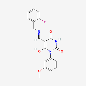 molecular formula C19H16FN3O4 B6124161 5-{[(2-fluorobenzyl)amino]methylene}-1-(3-methoxyphenyl)-2,4,6(1H,3H,5H)-pyrimidinetrione 