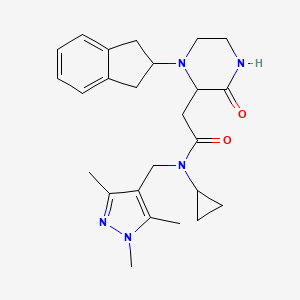 molecular formula C25H33N5O2 B6126308 N-cyclopropyl-2-[1-(2,3-dihydro-1H-inden-2-yl)-3-oxo-2-piperazinyl]-N-[(1,3,5-trimethyl-1H-pyrazol-4-yl)methyl]acetamide 