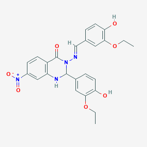 molecular formula C25H24N4O7 B6129210 3-[(3-ethoxy-4-hydroxybenzylidene)amino]-2-(3-ethoxy-4-hydroxyphenyl)-7-nitro-2,3-dihydroquinazolin-4(1H)-one 