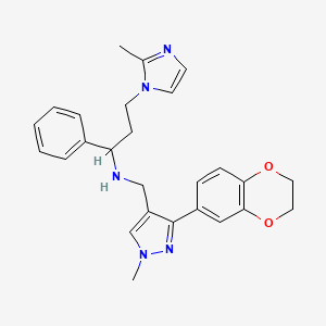 molecular formula C26H29N5O2 B6130472 N-{[3-(2,3-dihydro-1,4-benzodioxin-6-yl)-1-methyl-1H-pyrazol-4-yl]methyl}-3-(2-methyl-1H-imidazol-1-yl)-1-phenyl-1-propanamine 