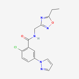2-chloro-N-[(5-ethyl-1,2,4-oxadiazol-3-yl)methyl]-5-(1H-pyrazol-1-yl)benzamide
