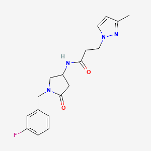 molecular formula C18H21FN4O2 B6130762 N-[1-(3-fluorobenzyl)-5-oxo-3-pyrrolidinyl]-3-(3-methyl-1H-pyrazol-1-yl)propanamide 