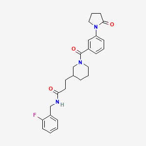 molecular formula C26H30FN3O3 B6130810 N-(2-fluorobenzyl)-3-{1-[3-(2-oxo-1-pyrrolidinyl)benzoyl]-3-piperidinyl}propanamide 