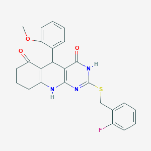molecular formula C25H22FN3O3S B6131205 2-[(2-fluorobenzyl)thio]-5-(2-methoxyphenyl)-5,8,9,10-tetrahydropyrimido[4,5-b]quinoline-4,6(3H,7H)-dione 