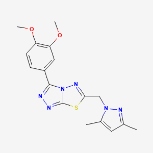 molecular formula C17H18N6O2S B6131616 3-(3,4-dimethoxyphenyl)-6-[(3,5-dimethyl-1H-pyrazol-1-yl)methyl][1,2,4]triazolo[3,4-b][1,3,4]thiadiazole 
