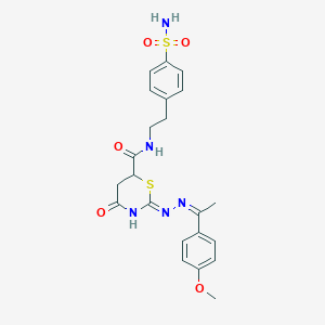 molecular formula C22H25N5O5S2 B6133057 N-{2-[4-(aminosulfonyl)phenyl]ethyl}-2-{[1-(4-methoxyphenyl)ethylidene]hydrazono}-4-oxo-1,3-thiazinane-6-carboxamide 