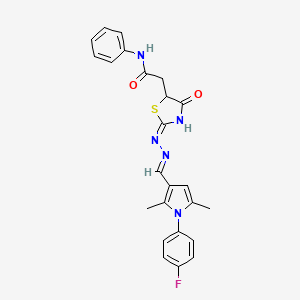 molecular formula C24H22FN5O2S B6133402 2-[2-({[1-(4-fluorophenyl)-2,5-dimethyl-1H-pyrrol-3-yl]methylene}hydrazono)-4-oxo-1,3-thiazolidin-5-yl]-N-phenylacetamide 