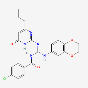 molecular formula C23H22ClN5O4 B6133477 4-chloro-N-{(2,3-dihydro-1,4-benzodioxin-6-ylamino)[(6-oxo-4-propyl-1,6-dihydro-2-pyrimidinyl)amino]methylene}benzamide 