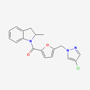 molecular formula C18H16ClN3O2 B6133799 1-{5-[(4-chloro-1H-pyrazol-1-yl)methyl]-2-furoyl}-2-methylindoline 