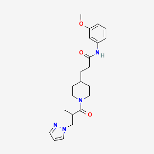 molecular formula C22H30N4O3 B6134631 N-(3-methoxyphenyl)-3-{1-[2-methyl-3-(1H-pyrazol-1-yl)propanoyl]-4-piperidinyl}propanamide 