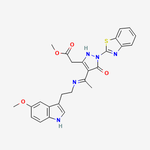 molecular formula C26H25N5O4S B6136202 methyl [1-(1,3-benzothiazol-2-yl)-4-(1-{[2-(5-methoxy-1H-indol-3-yl)ethyl]amino}ethylidene)-5-oxo-4,5-dihydro-1H-pyrazol-3-yl]acetate 