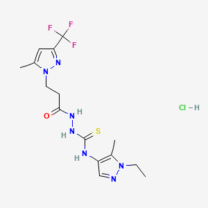 molecular formula C15H21ClF3N7OS B6136826 N-(1-ethyl-5-methyl-1H-pyrazol-4-yl)-2-{3-[5-methyl-3-(trifluoromethyl)-1H-pyrazol-1-yl]propanoyl}hydrazinecarbothioamide hydrochloride 