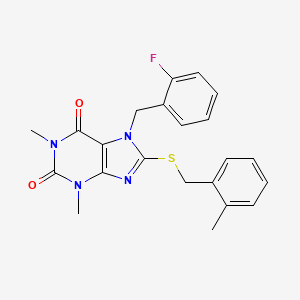 molecular formula C22H21FN4O2S B6137125 7-(2-fluorobenzyl)-1,3-dimethyl-8-[(2-methylbenzyl)thio]-3,7-dihydro-1H-purine-2,6-dione 