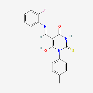 molecular formula C18H14FN3O2S B6137930 5-{[(2-fluorophenyl)amino]methylene}-1-(4-methylphenyl)-2-thioxodihydro-4,6(1H,5H)-pyrimidinedione 
