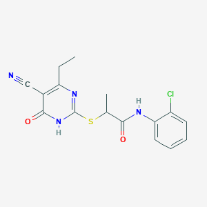 molecular formula C16H15ClN4O2S B6138411 N-(2-chlorophenyl)-2-[(5-cyano-4-ethyl-6-oxo-1,6-dihydro-2-pyrimidinyl)thio]propanamide 