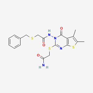 molecular formula C19H20N4O3S3 B6140949 N-[2-[(2-amino-2-oxoethyl)thio]-5,6-dimethyl-4-oxothieno[2,3-d]pyrimidin-3(4H)-yl]-2-(benzylthio)acetamide 