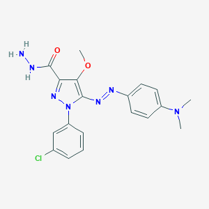 molecular formula C19H20ClN7O2 B061627 1-(3-Chlorophenyl)-5-(4-dimethylaminophenyl)diazenyl-4-methoxypyrazol e-3-carbohydrazide CAS No. 172701-52-9