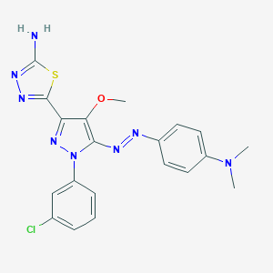 molecular formula C20H19ClN8OS B062066 1,3,4-Thiadiazol-2-amine, 5-(1-(3-chlorophenyl)-5-((4-(dimethylamino)phenyl)azo)-4-methoxy-1H-pyrazol-3-yl)- CAS No. 172701-58-5